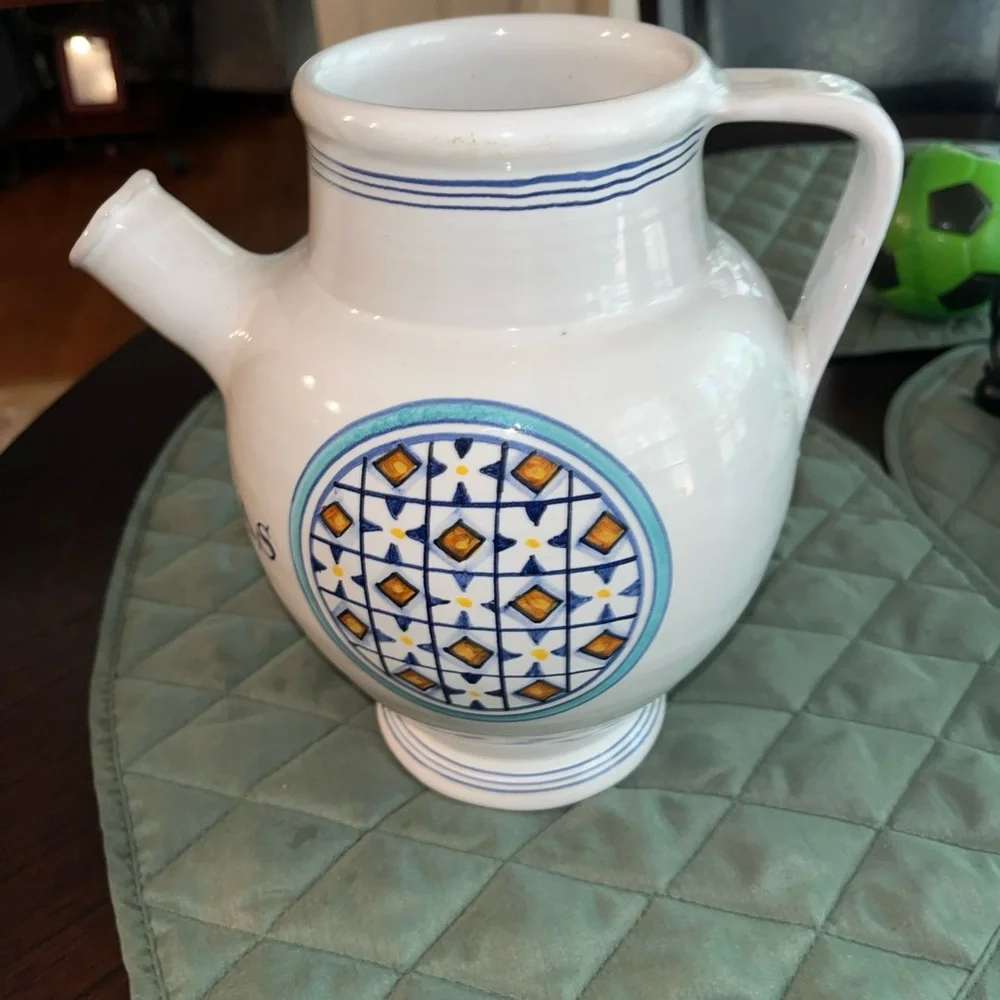 Williams Sonoma Ceramic Pitcher  Blue and Gold Geometric Design. Wine pitcher